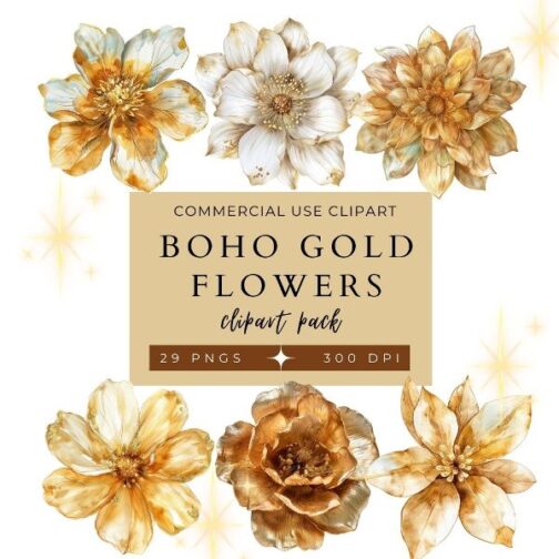 Gold Boho Flowers Clipart Pack