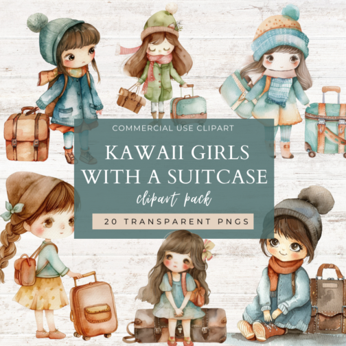 Kawaii Girls With Suitcase Clipart Pack