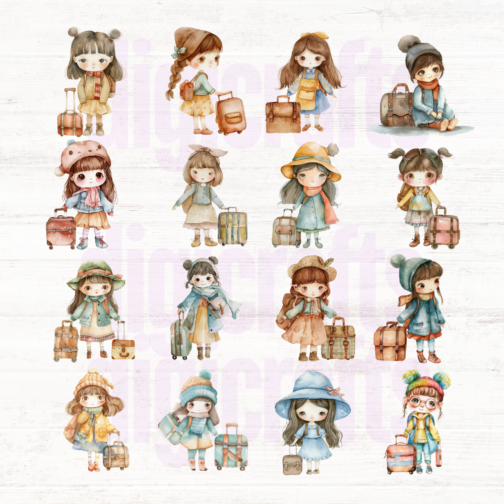 Kawaii Girls With Suitcase Clipart Pack - Image 2