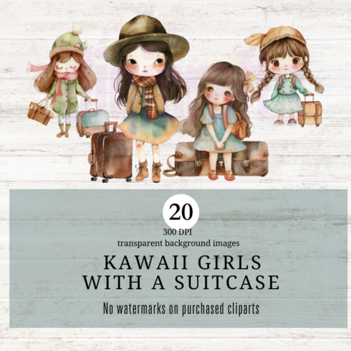 Kawaii Girls With Suitcase Clipart Pack - Image 3