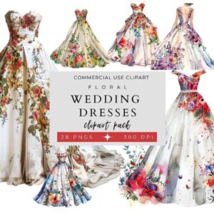 Floral Wedding Dresses Clipart Pack