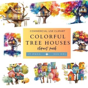 Colorful Tree Houses Clipart Pack
